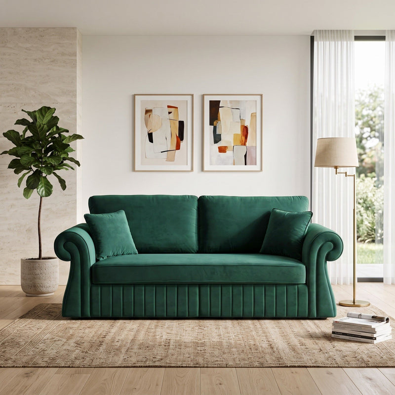 Dark green three-seat sofa with rolled arms and vertical channel detailing, shown in a living room