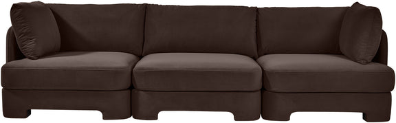 Dark brown velvet 3-piece sofa with three seat sections and low exposed feet