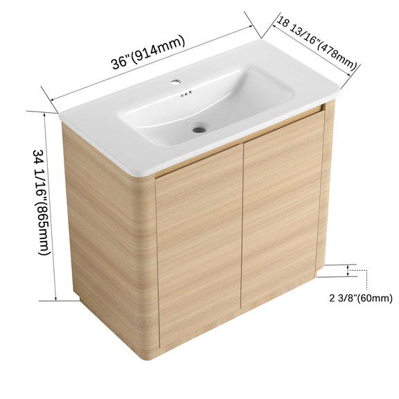 Freestanding vanity with white sink top, light brown cabinet; 36 in width dimensions