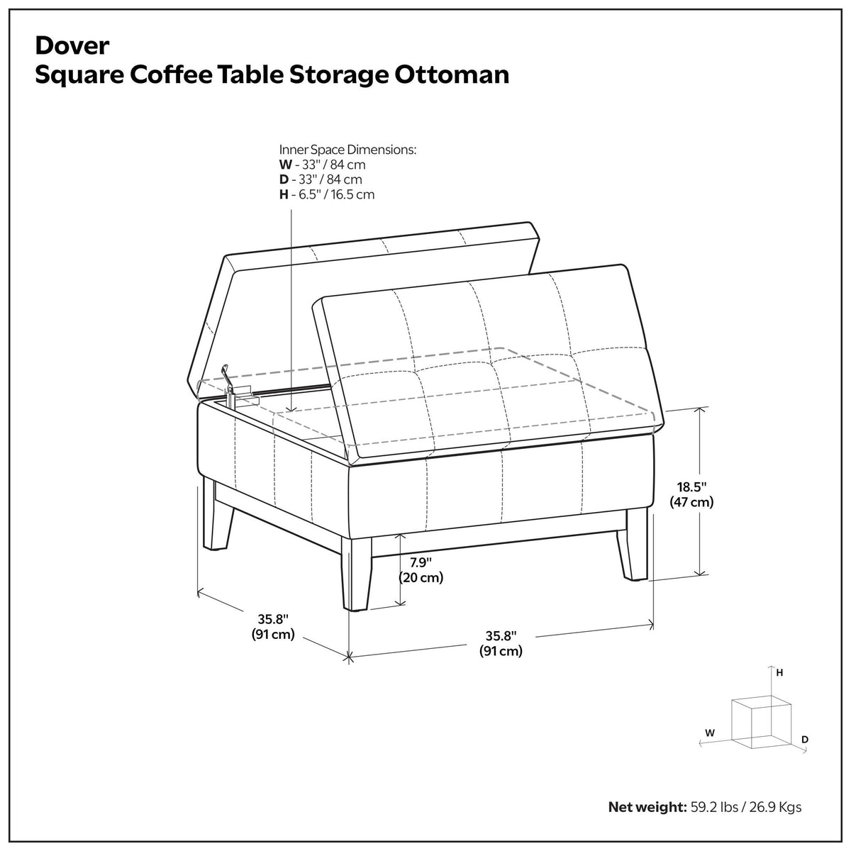 Square lift-top storage ottoman with hinged lid, visible frame, and storage base