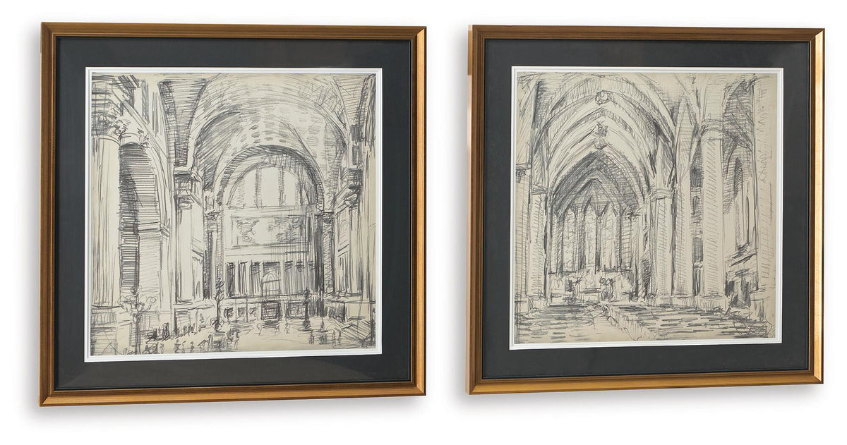 Set of 2 framed architectural hall sketches, brown frames and black/dark mats.