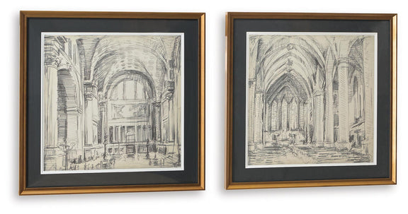 Set of 2 framed architectural hall sketches, brown frames and black/dark mats.