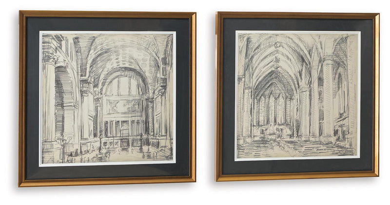 Set of 2 framed architectural hall sketches, brown frames and black/dark mats.