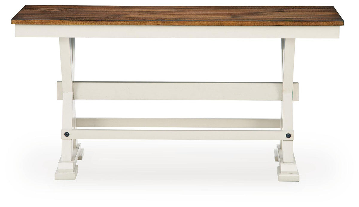 Dark brown wood dining bench with white frame and open lower shelf