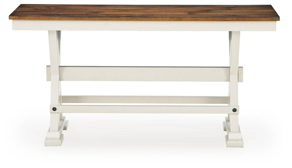 Dark brown wood dining bench with white frame and open lower shelf