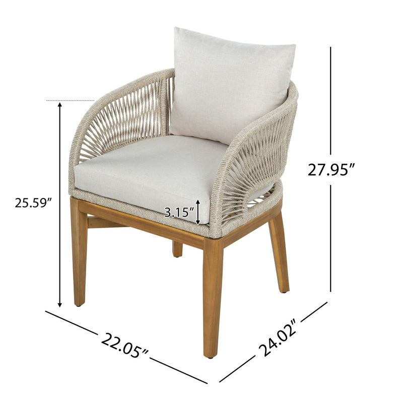 Outdoor dining chair with beige woven arms, white cushion, light wood frame; size diagram