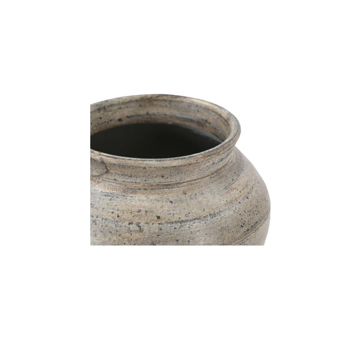 Earthenware clay pot rim with dark interior, speckled textured surface