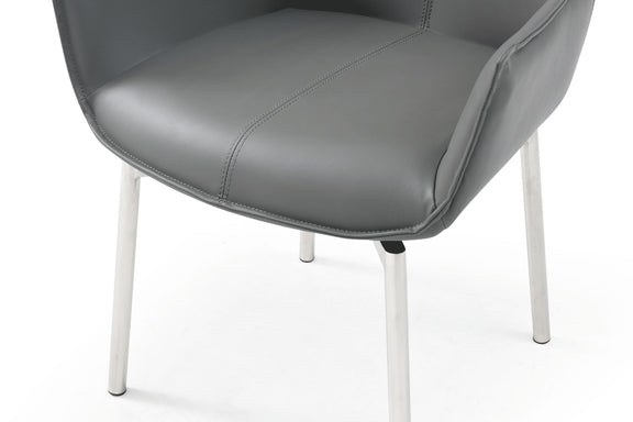 Dark gray dining chair seat with stitched upholstery and white metal legs