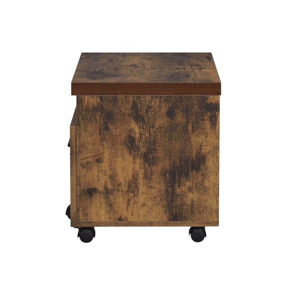 Weathered oak file cabinet with side panels, open shelf top, and black wheels