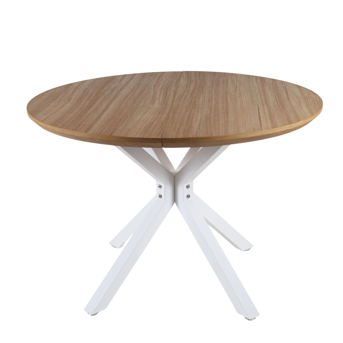 Round pedestal table with light oak-look top and white cross-legged base