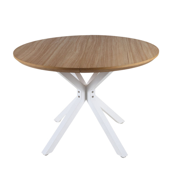 Round pedestal table with light oak-look top and white cross-legged base