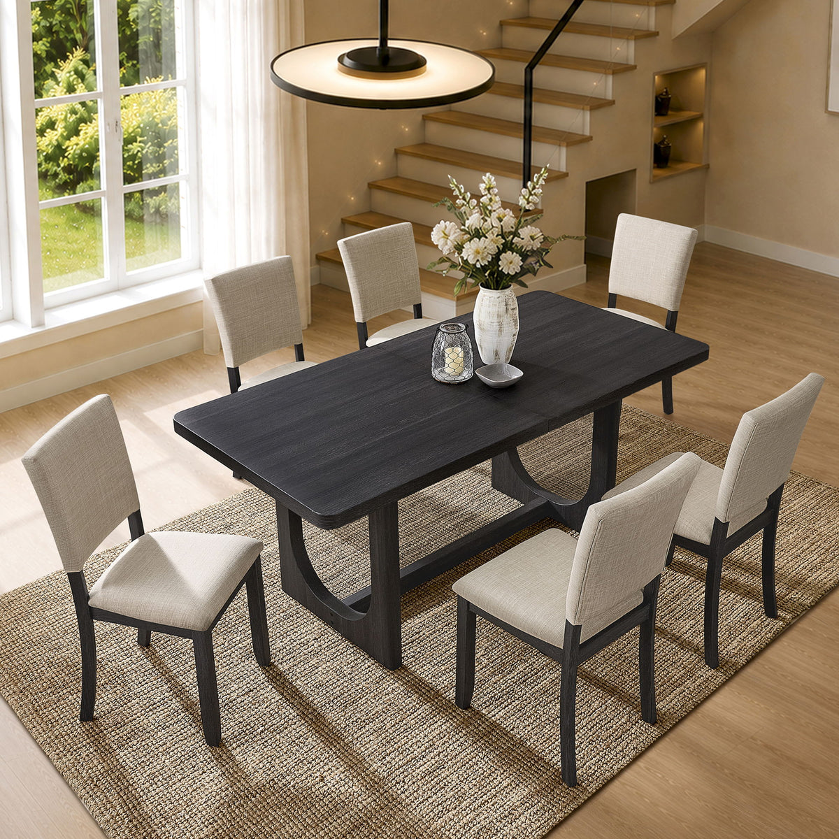 Rectangular dining table set with dark table and beige upholstered chairs in a room setting