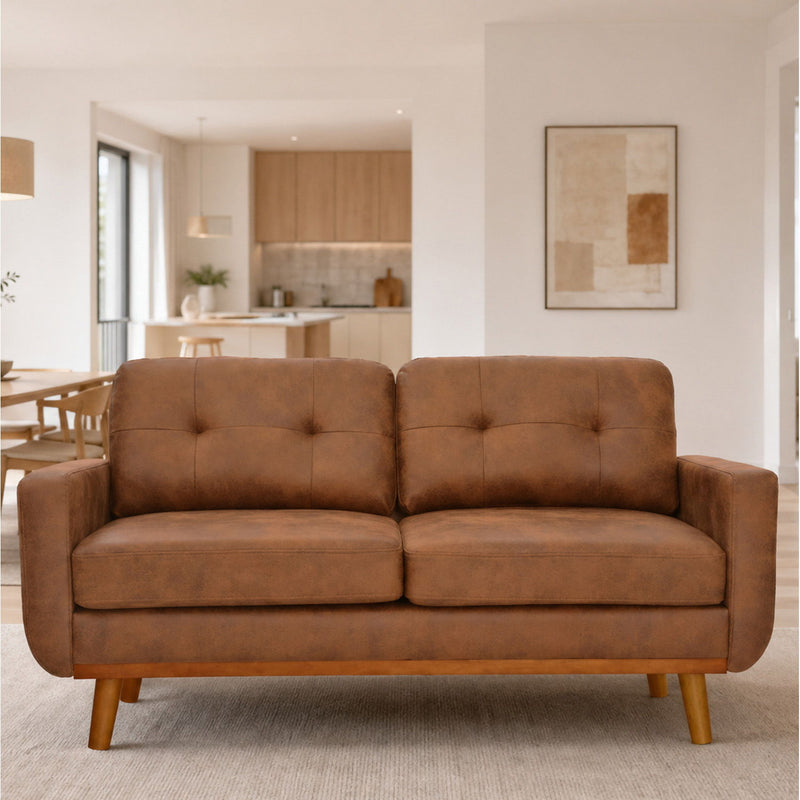 Dark brown two-seat sofa with tufted back cushions and tapered wood legs