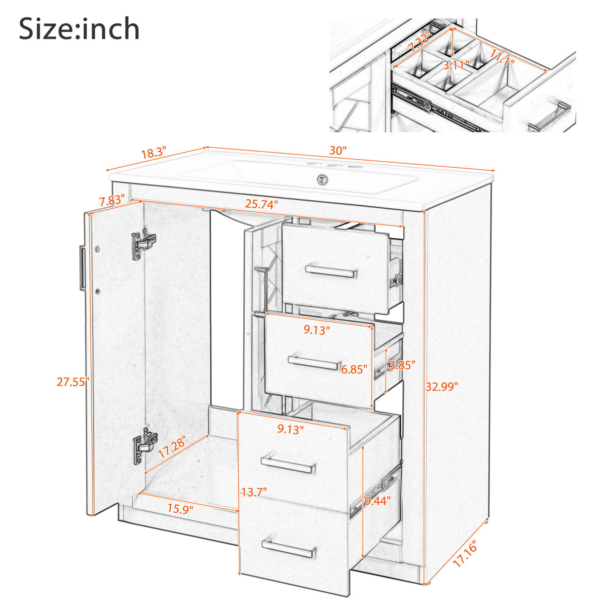 Bathroom vanity size diagram with sink and cabinet and drawer storage