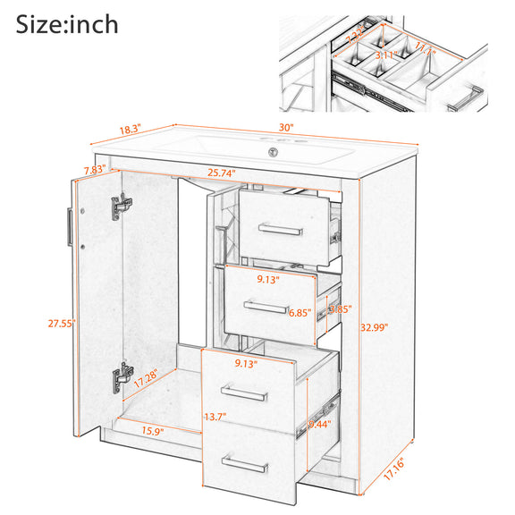 Bathroom vanity size diagram with sink and cabinet and drawer storage
