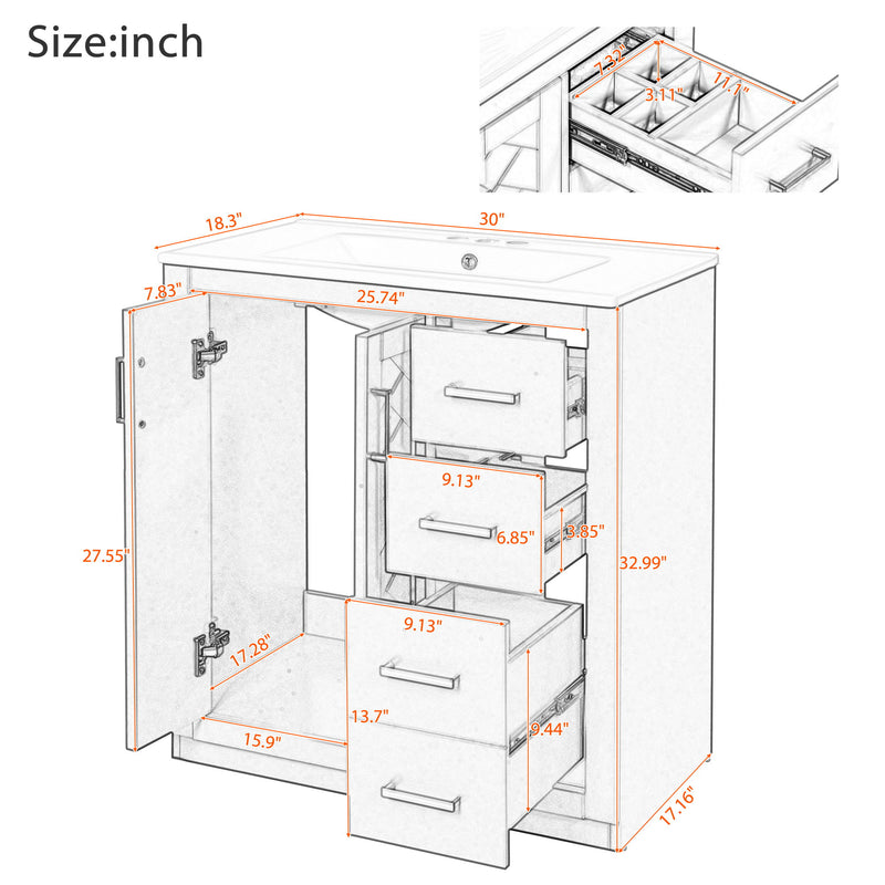 Bathroom vanity size diagram with sink and cabinet and drawer storage