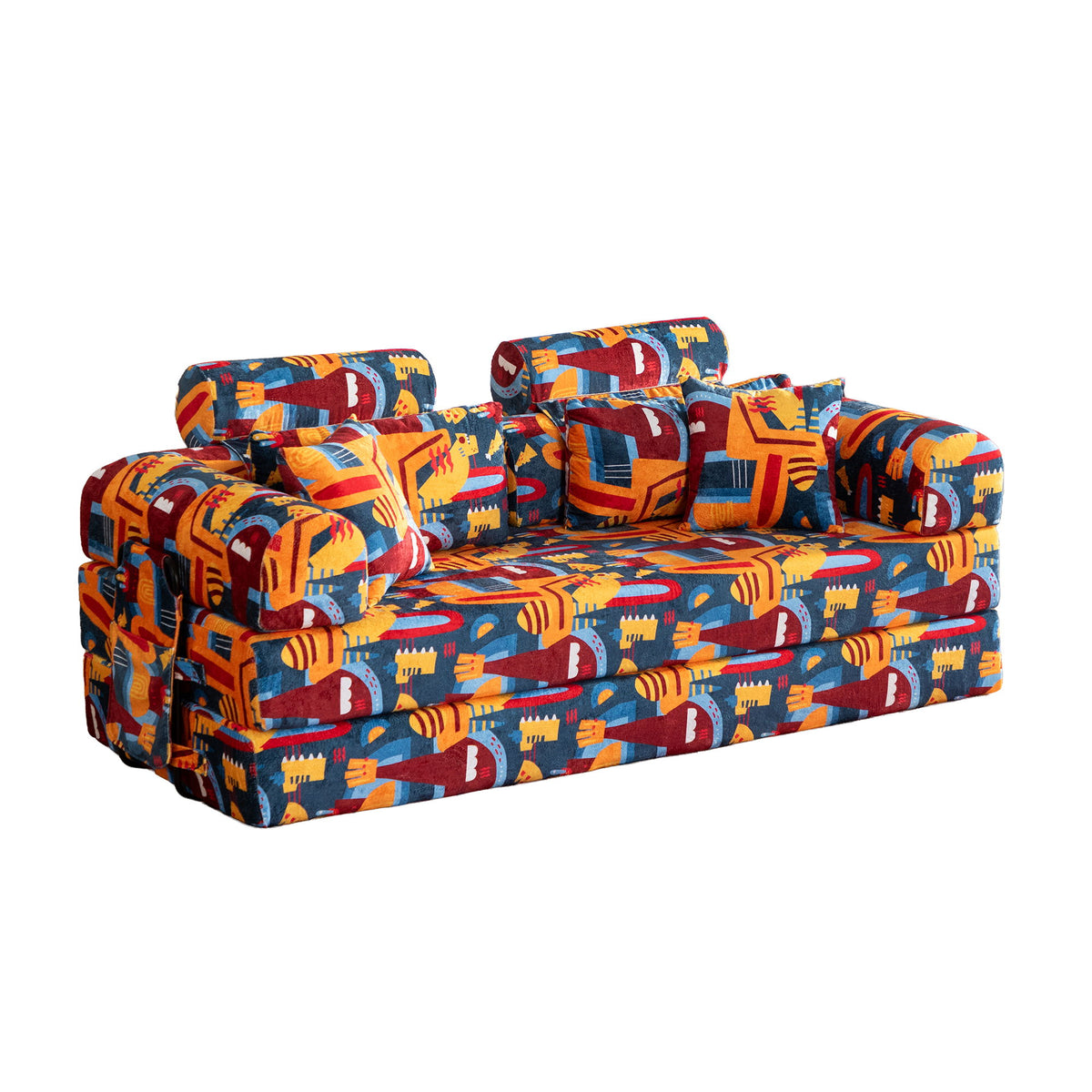 Convertible sofa bed with colorful city-pattern upholstery, padded armrests and cushions