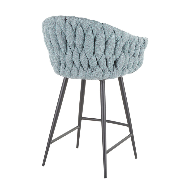Light blue braided upholstered bar chair with curved back and dark legs
