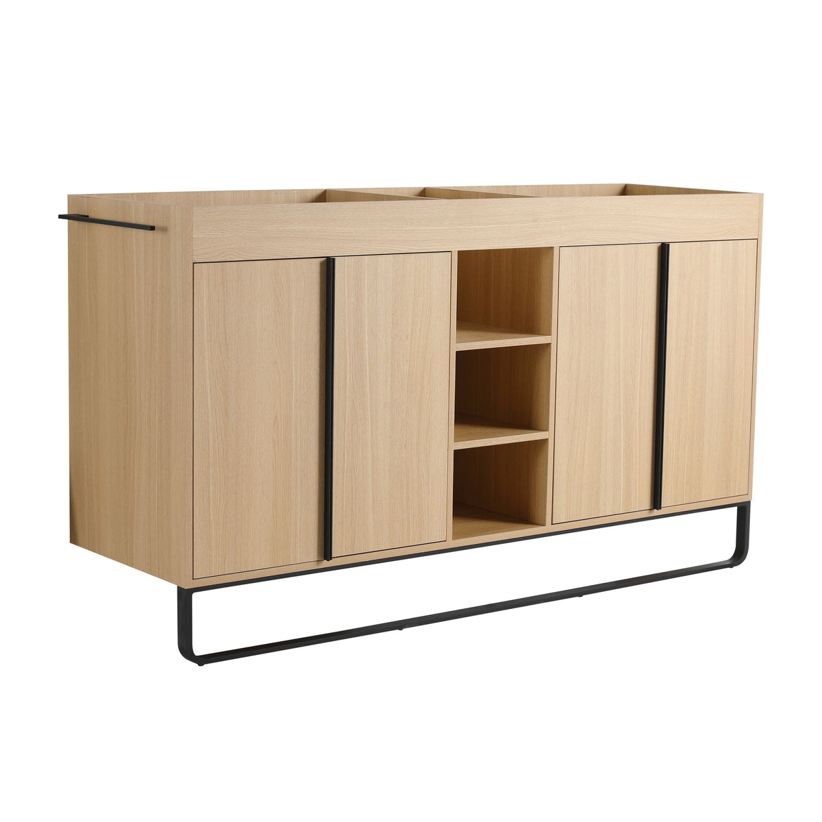 58-inch bathroom vanity cabinet, oak wood-look, four doors, central open rack shelves, black legs