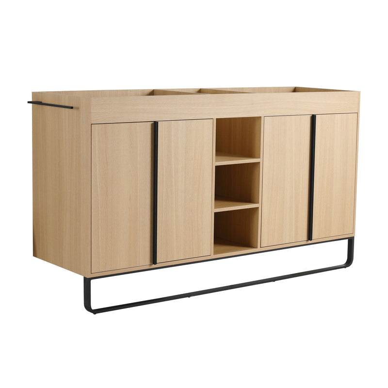 58-inch bathroom vanity cabinet, oak wood-look, four doors, central open rack shelves, black legs