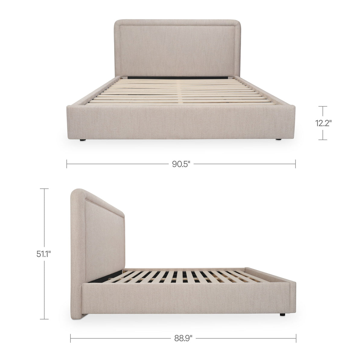 Light beige king upholstered bed with tall headboard and slatted base platform