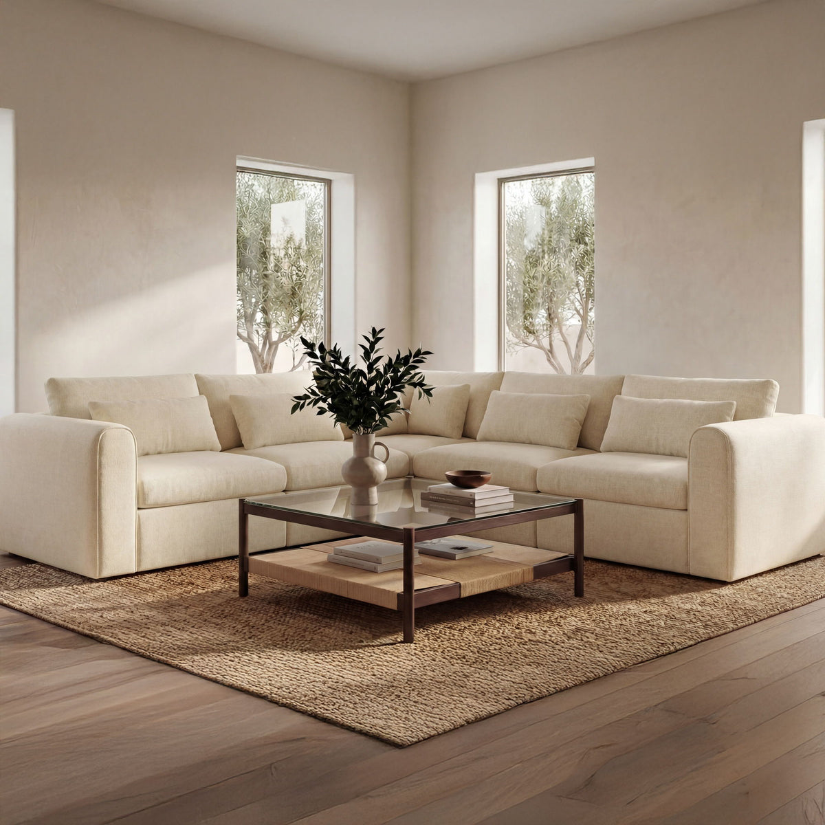Light beige corner sectional sofa with thick cushions and squared arms
