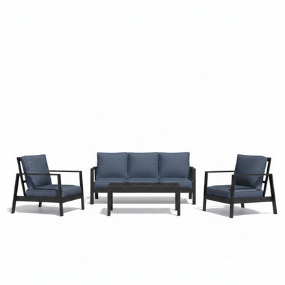 Outdoor patio set with blue cushions: sofa, 4 armchairs, and black coffee table