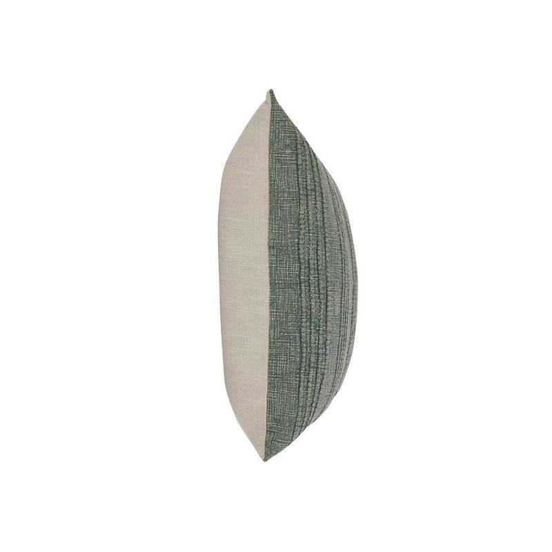 Two-tone textured throw pillow, natural front with green stripe panel and piped edge