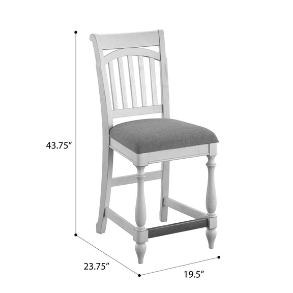 Gray slat-back bar stool with dark-gray padded seat, arched back and turned legs