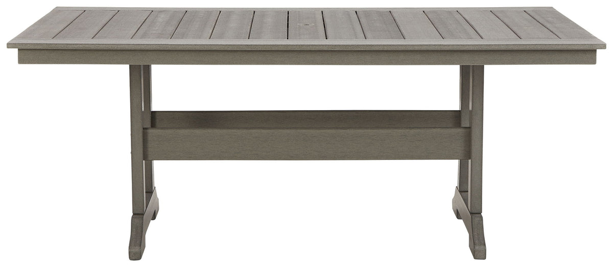 Gray rectangular dining table with slatted surface and apron legs