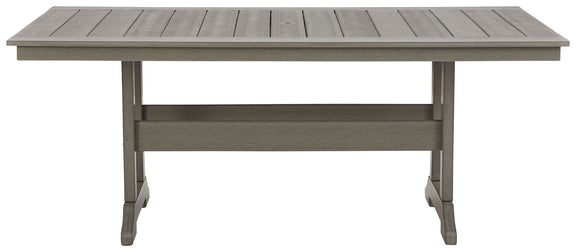 Gray rectangular dining table with slatted surface and apron legs