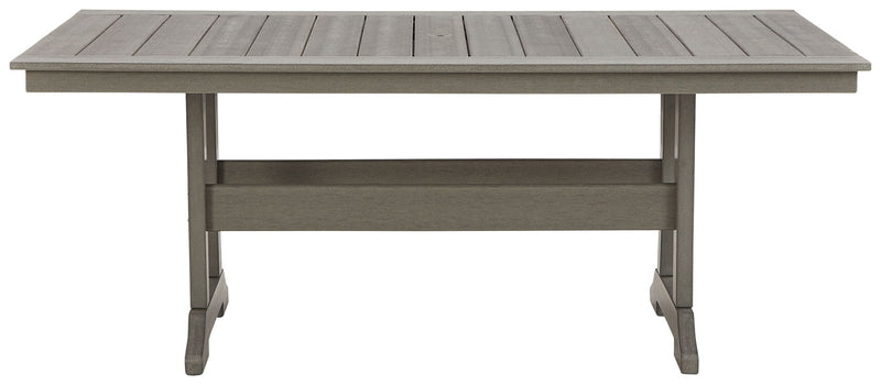 Gray rectangular dining table with slatted surface and apron legs