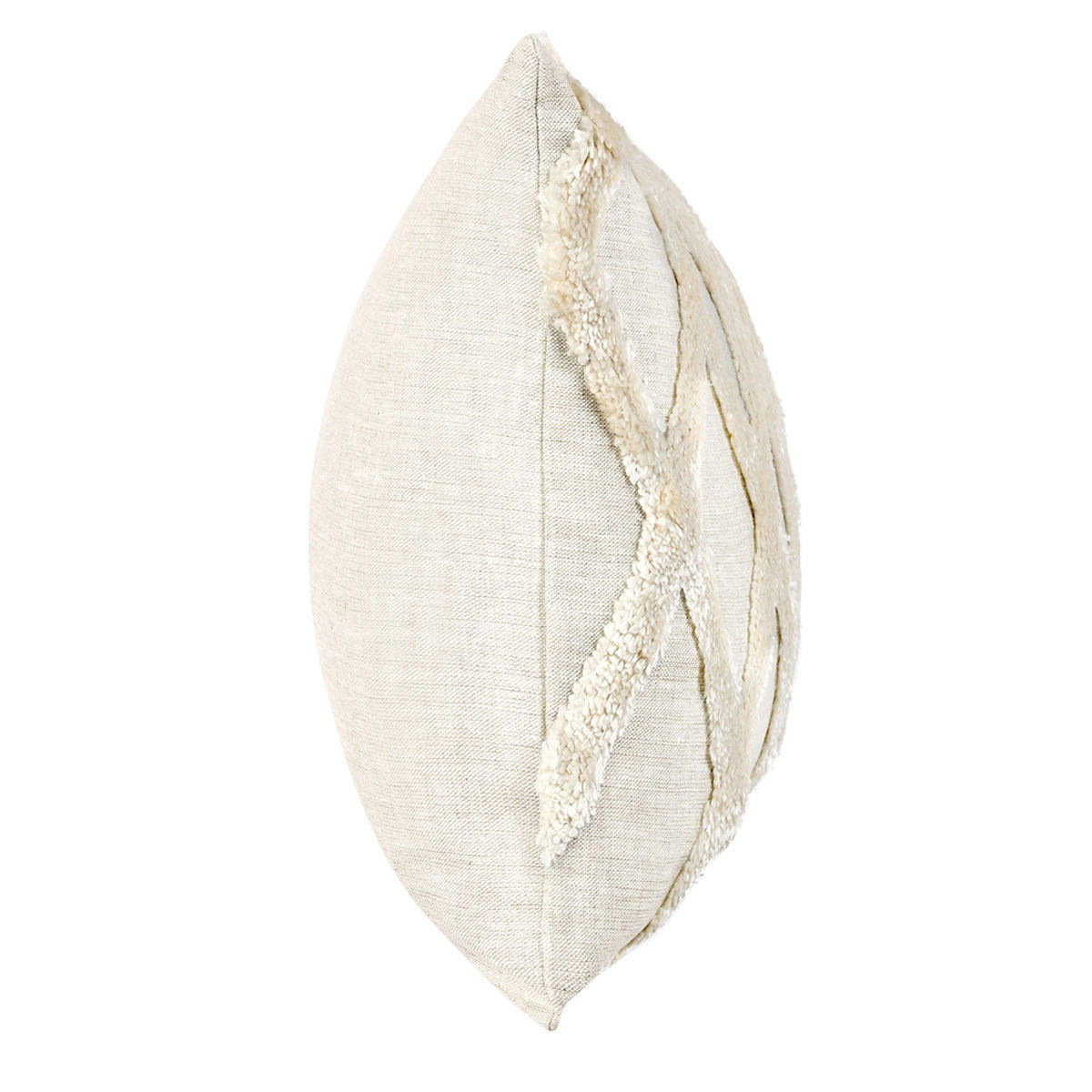 Ivory fabric lumbar pillow side view with stitched diamond trim along the edge