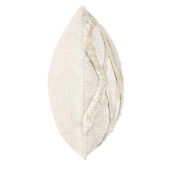 Ivory fabric lumbar pillow side view with stitched diamond trim along the edge