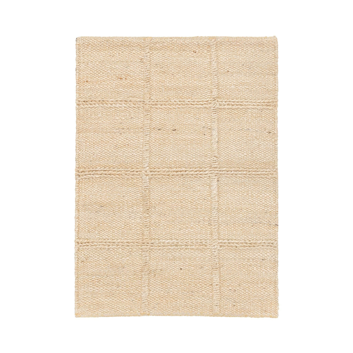 Sand jute area rug with subtle grid pattern and flat, textured woven surface