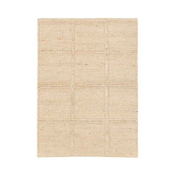 Sand jute area rug with subtle grid pattern and flat, textured woven surface