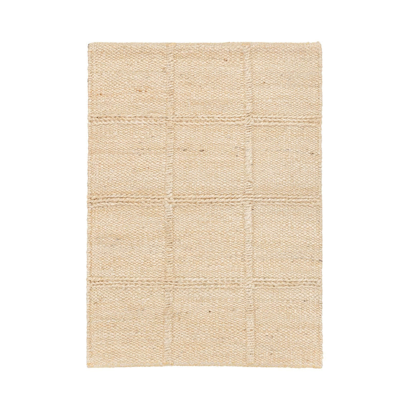 Sand jute area rug with subtle grid pattern and flat, textured woven surface