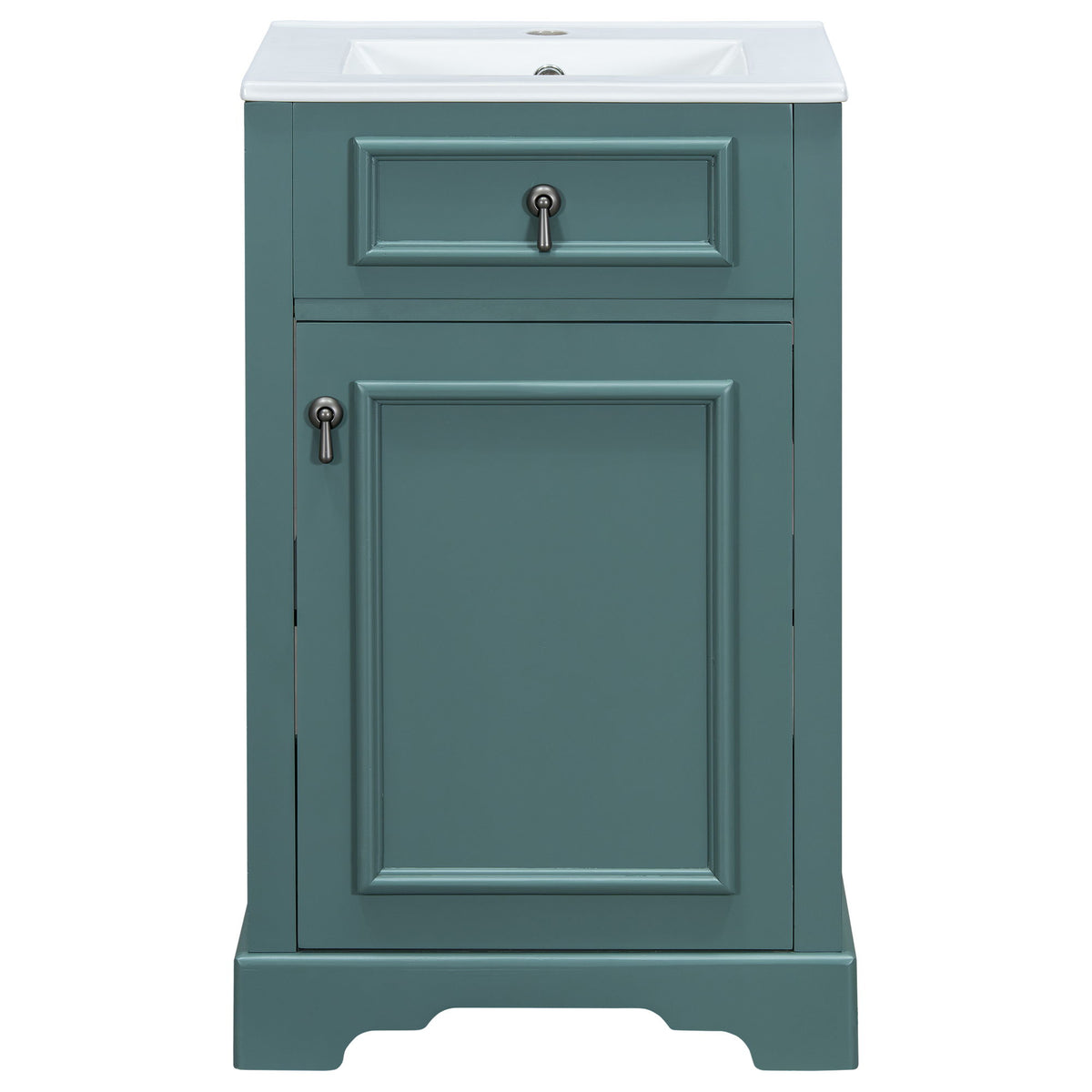 Dark green bathroom vanity with ceramic sink and raised-panel cabinet door.