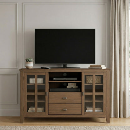 Light brown TV media stand with open shelves, cabinet doors, and center drawers