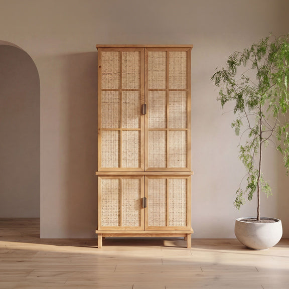 Natural tall cabinet with openwork door panels and metallic handles, two levels