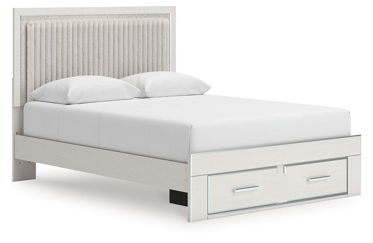 White upholstered panel platform storage bed with tufted headboard and two drawer fronts