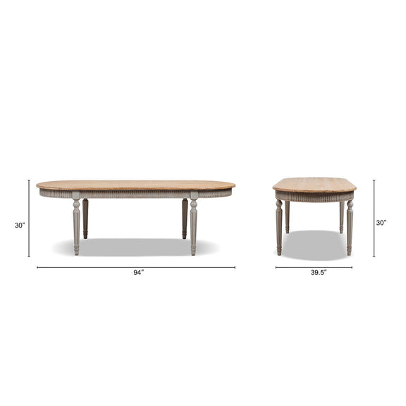 Oval dining table, 94 in long and 39.5 in wide; gray legs