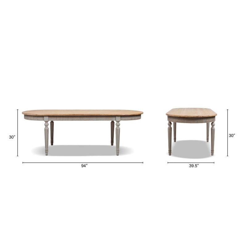 Oval dining table, 94 in long and 39.5 in wide; gray legs