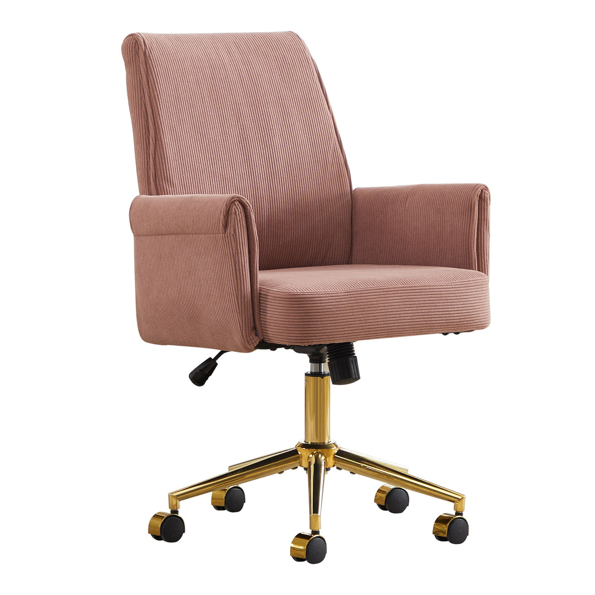 Ergonomic mid-back office chair in dusty pink, padded armrests, swivel base with wheels