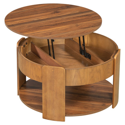 Light brown round lift-top coffee table with hidden storage, open lid and inner shelving.