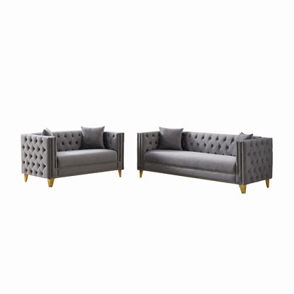 Dark gray deep seat loveseat and sofa set with tufted button nailhead trim