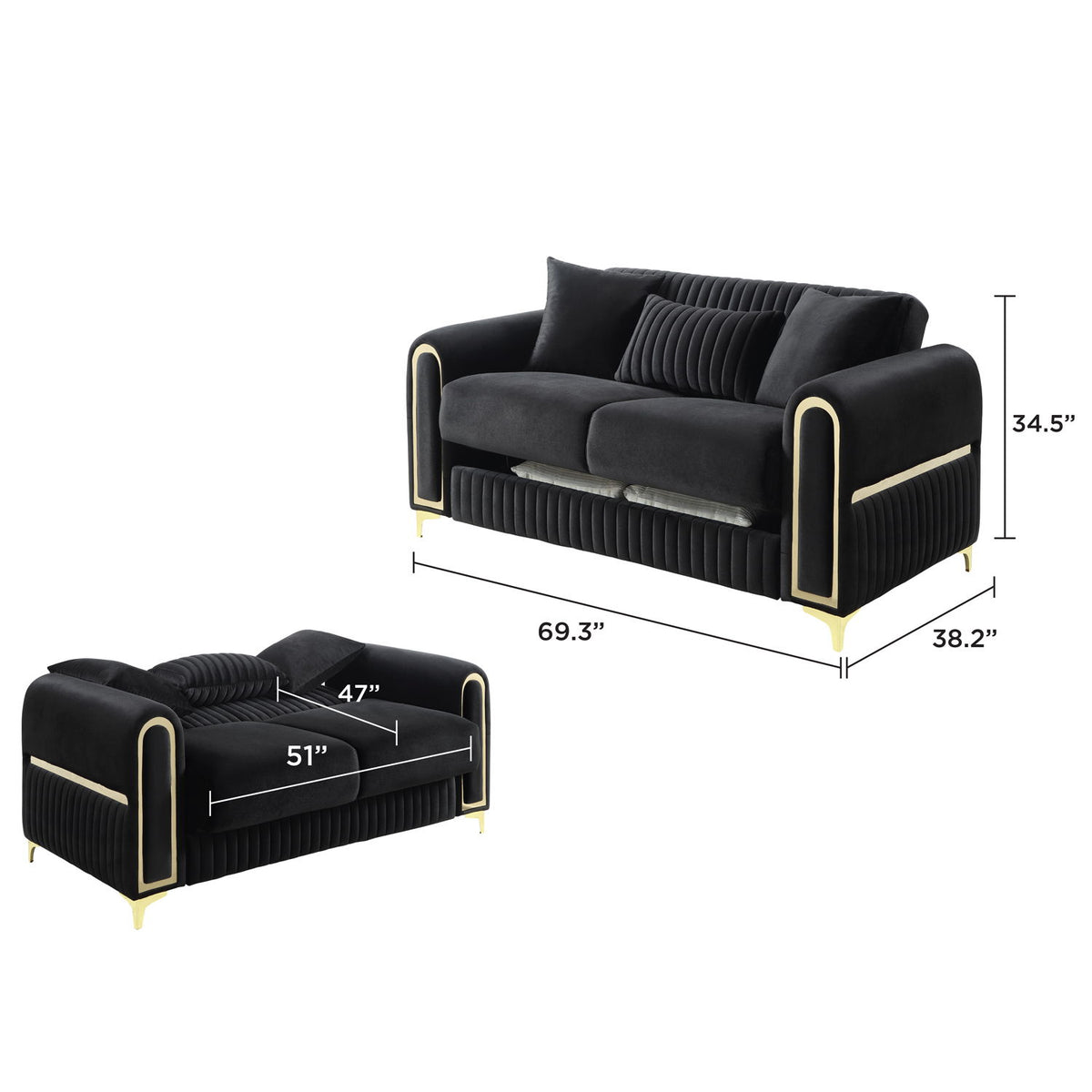 Black loveseat with two back cushions, ribbed base, gold-trim accents, and legs.