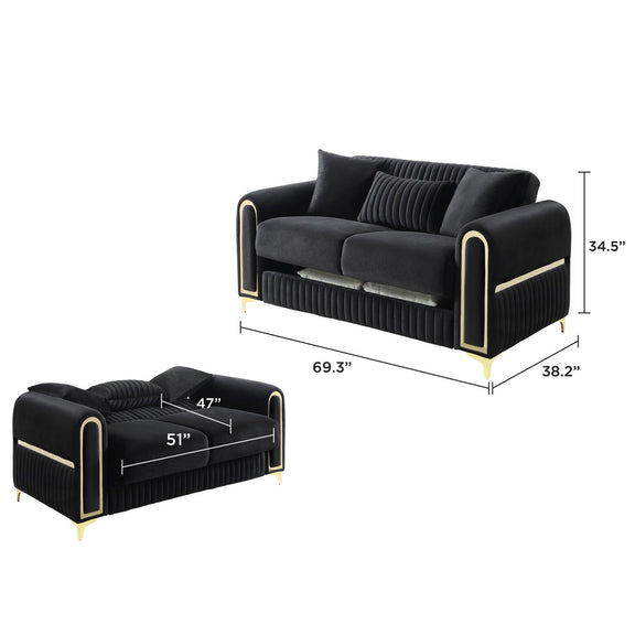 Black loveseat with two back cushions, ribbed base, gold-trim accents, and legs.
