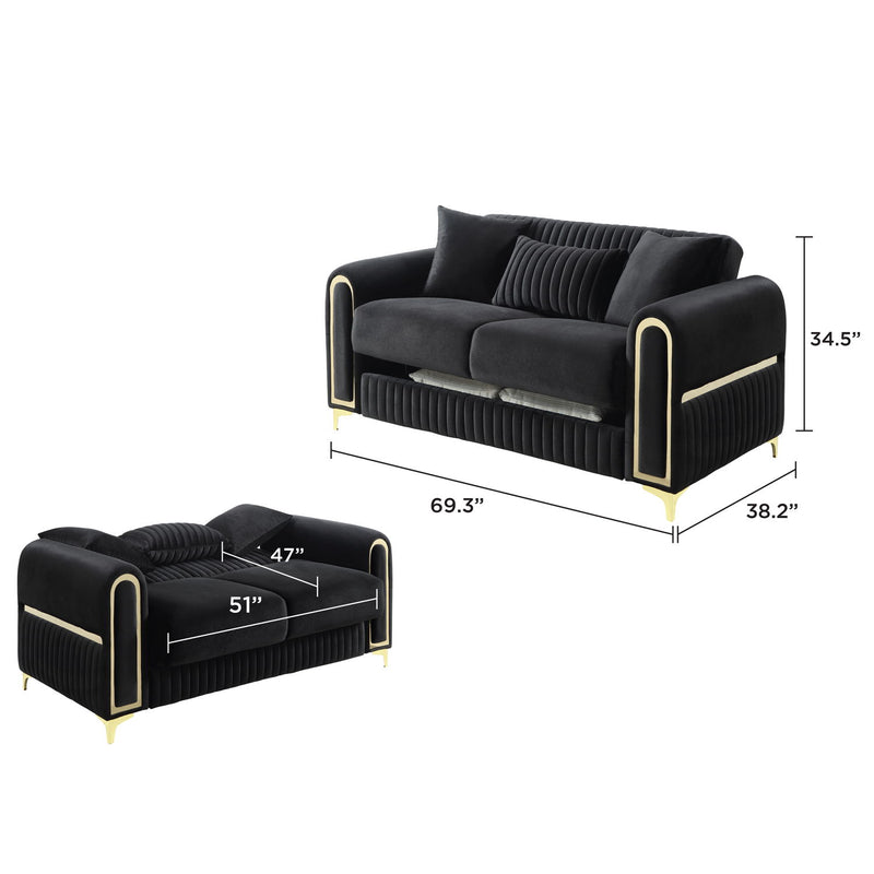 Black loveseat with two back cushions, ribbed base, gold-trim accents, and legs.