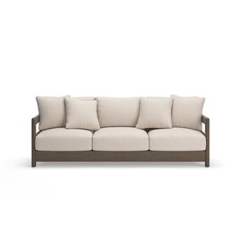 Three-seat sofa with beige cushions and a brown wood frame